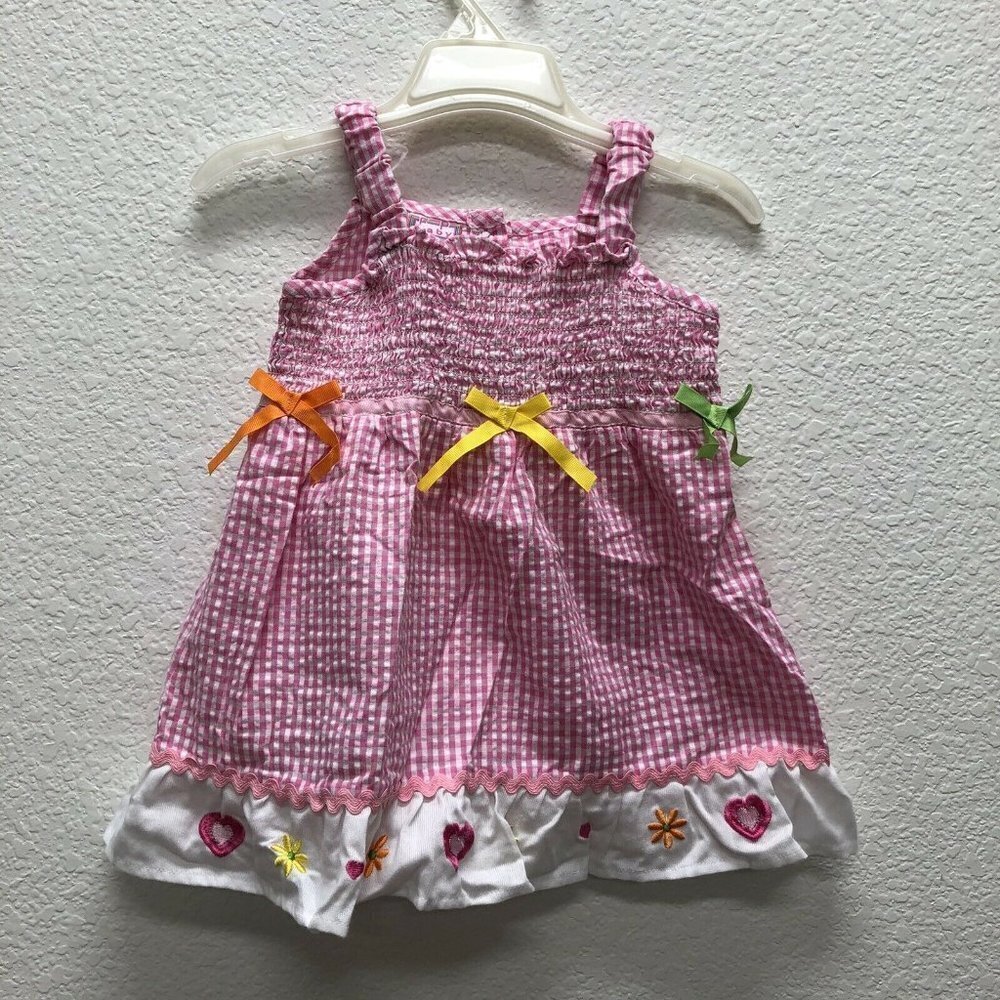 F P BABY Girls 2T Dress Pink White Gingham Floral Flowers Bows Rick Rack Hearts